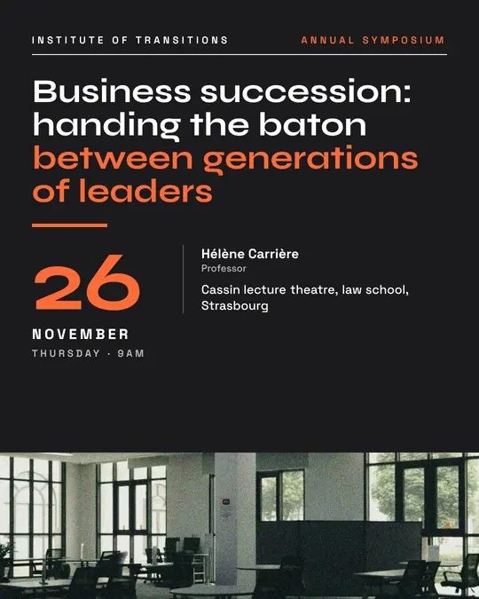 Sample flyer, "Typographic · Orange on charcoal" template, Conference: "Business succession: handing the baton between generations of leaders"