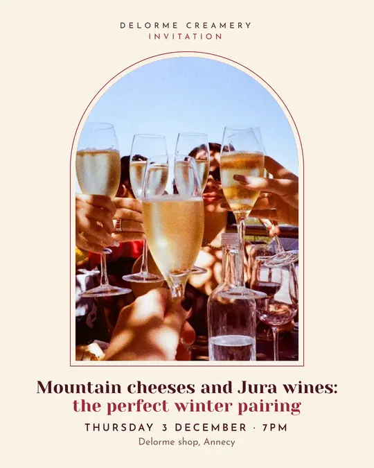 Sample flyer, "Arch · Cream and burgundy" template, Tasting: "Mountain cheeses and Jura wines: the perfect winter pairing"