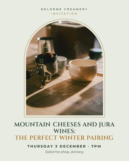 Sample flyer, "Arch · Sage and ochre" template, Tasting: "Mountain cheeses and Jura wines: the perfect winter pairing"