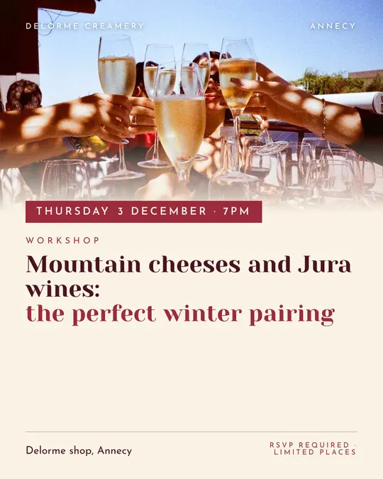 Sample flyer, "Banner · Cream and burgundy" template, Tasting: "Mountain cheeses and Jura wines: the perfect winter pairing"