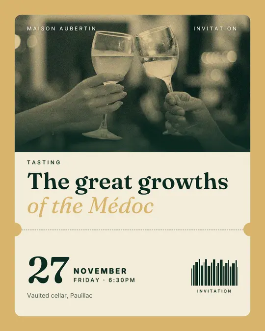 Sample flyer, "Ticket · Golden emerald" template, Tasting: "The great growths of the Médoc"