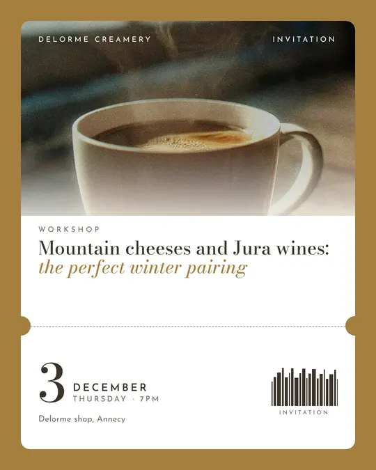 Sample flyer, "Ticket · Golden ivory" template, Tasting: "Mountain cheeses and Jura wines: the perfect winter pairing"
