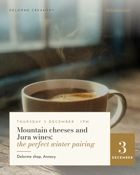 Sample flyer, "Laid card · Golden ivory" template, Tasting: "Mountain cheeses and Jura wines: the perfect winter pairing"