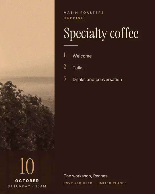 Sample flyer, "Column · Chocolate and cream" template, Tasting: "Specialty coffee"