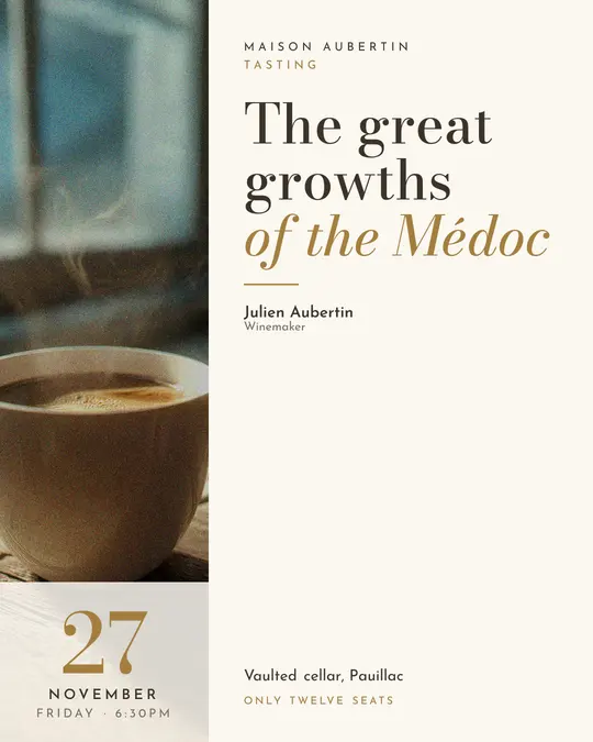 Sample flyer, "Column · Golden ivory" template, Tasting: "The great growths of the Médoc"