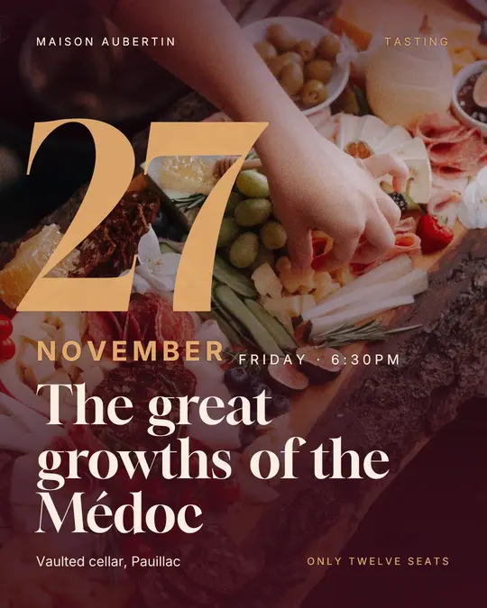 Sample flyer, "Giant date · Burgundy and copper" template, Tasting: "The great growths of the Médoc"