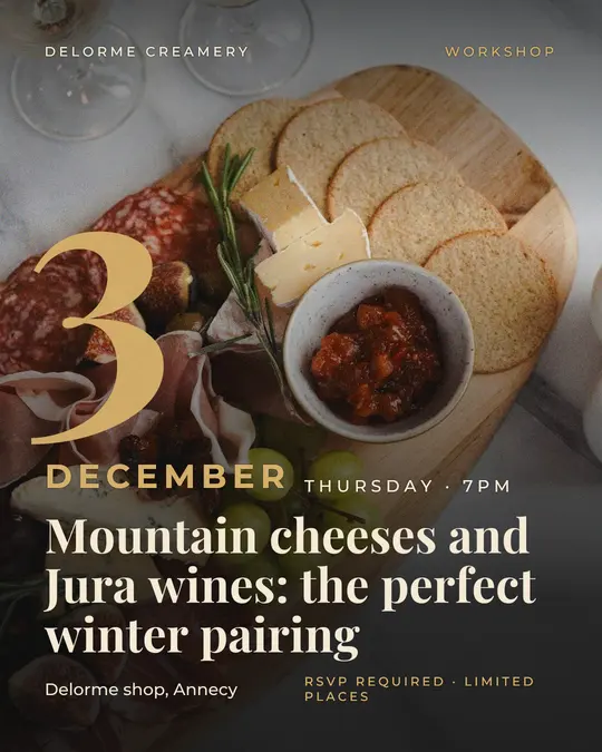 Sample flyer, "Giant date · Black and gold" template, Tasting: "Mountain cheeses and Jura wines: the perfect winter pairing"
