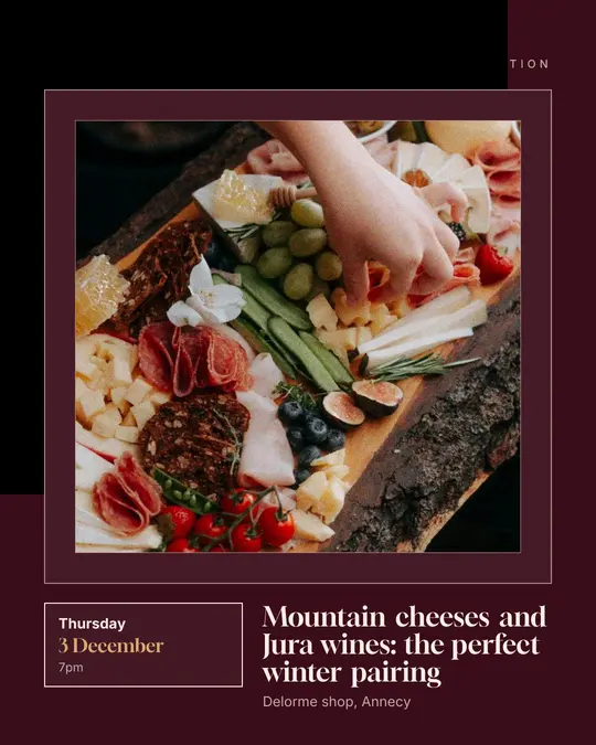 Sample flyer, "Gallery · Burgundy and copper" template, Tasting: "Mountain cheeses and Jura wines: the perfect winter pairing"