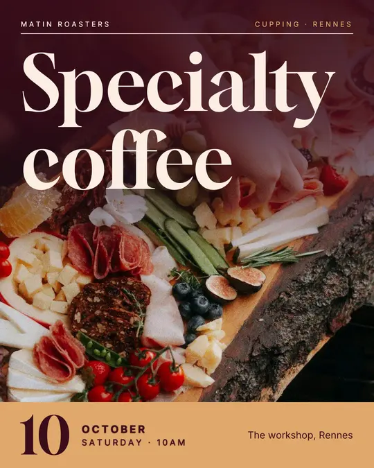 Sample flyer, "Cover · Burgundy and copper" template, Tasting: "Specialty coffee"