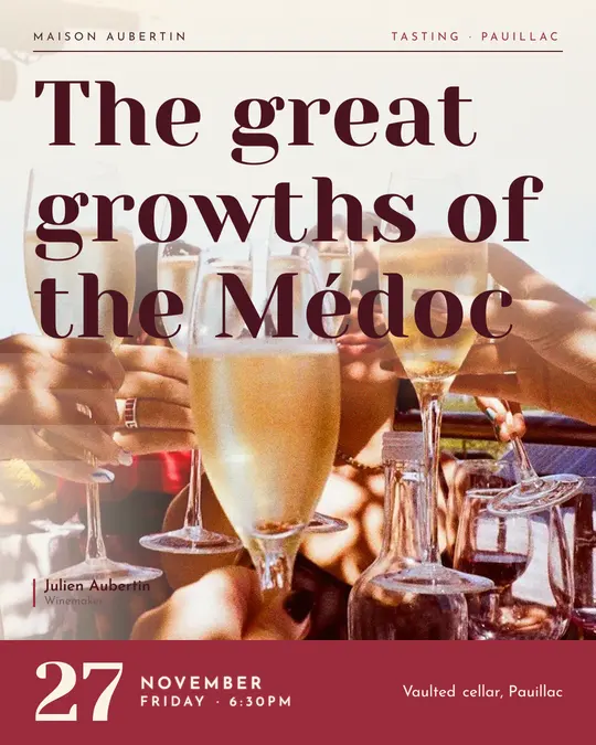 Sample flyer, "Cover · Cream and burgundy" template, Tasting: "The great growths of the Médoc"