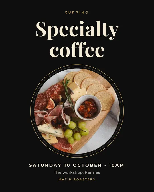 Sample flyer, "Medallion · Black and gold" template, Tasting: "Specialty coffee"