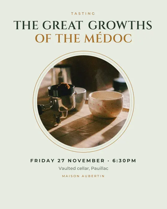 Sample flyer, "Medallion · Sage and ochre" template, Tasting: "The great growths of the Médoc"
