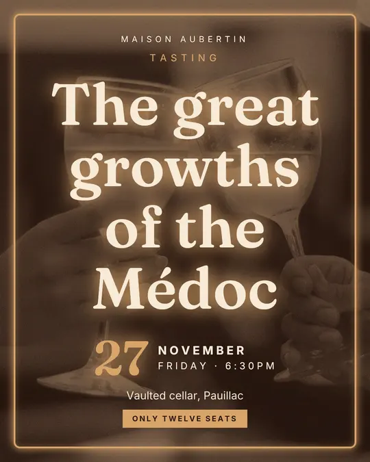 Sample flyer, "Neon · Chocolate and cream" template, Tasting: "The great growths of the Médoc"