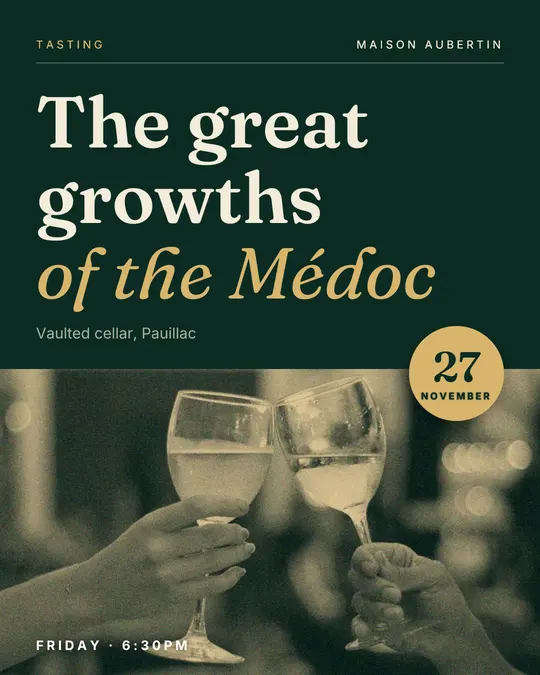 Sample flyer, "Photo foot · Golden emerald" template, Tasting: "The great growths of the Médoc"
