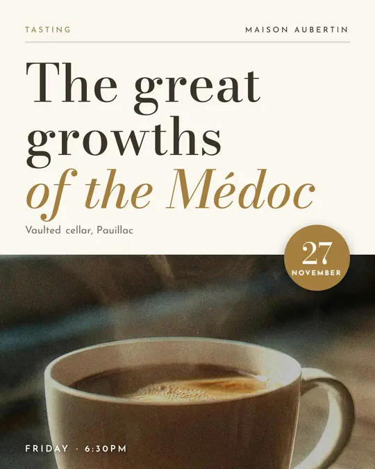 Sample flyer, "Photo foot · Golden ivory" template, Tasting: "The great growths of the Médoc"