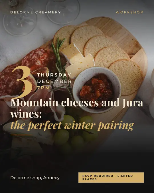 Sample flyer, "Grand poster · Black and gold" template, Tasting: "Mountain cheeses and Jura wines: the perfect winter pairing"