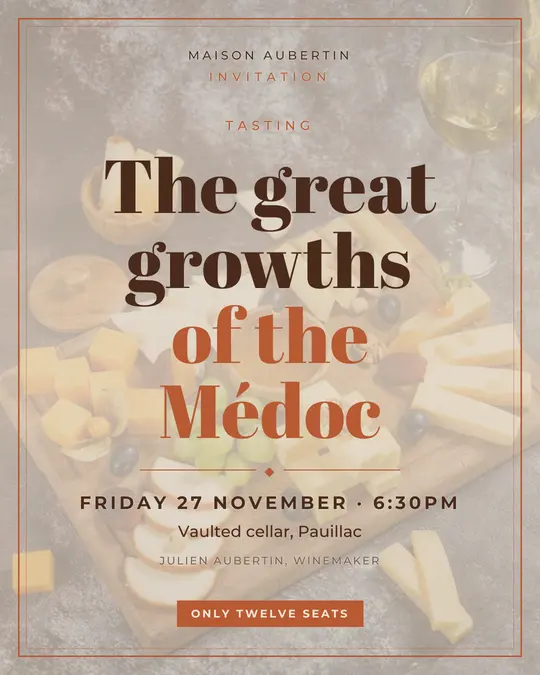 Sample flyer, "Framed card · Sand and terracotta" template, Tasting: "The great growths of the Médoc"