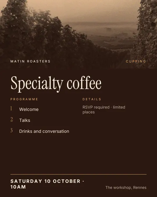 Sample flyer, "Programme · Chocolate and cream" template, Tasting: "Specialty coffee"