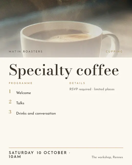 Sample flyer, "Programme · Golden ivory" template, Tasting: "Specialty coffee"