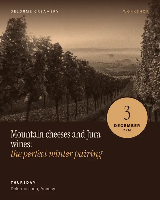 Sample flyer, "Seal · Chocolate and cream" template, Tasting: "Mountain cheeses and Jura wines: the perfect winter pairing"