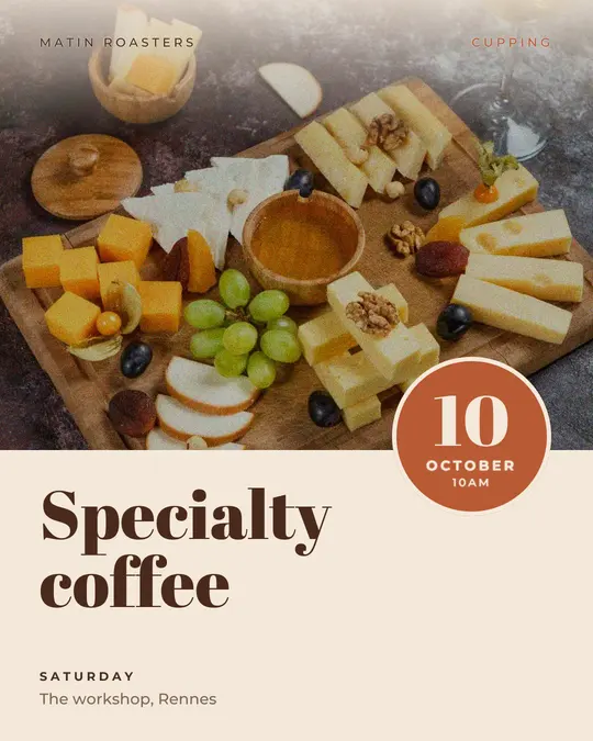 Sample flyer, "Seal · Sand and terracotta" template, Tasting: "Specialty coffee"