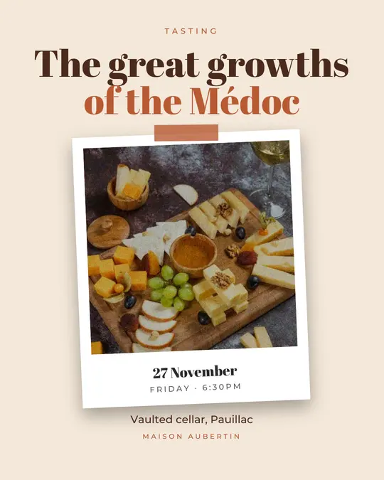 Sample flyer, "Print · Sand and terracotta" template, Tasting: "The great growths of the Médoc"