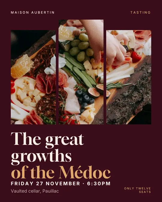Sample flyer, "Triptych · Burgundy and copper" template, Tasting: "The great growths of the Médoc"