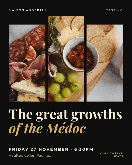 Sample flyer, "Triptych · Black and gold" template, Tasting: "The great growths of the Médoc"