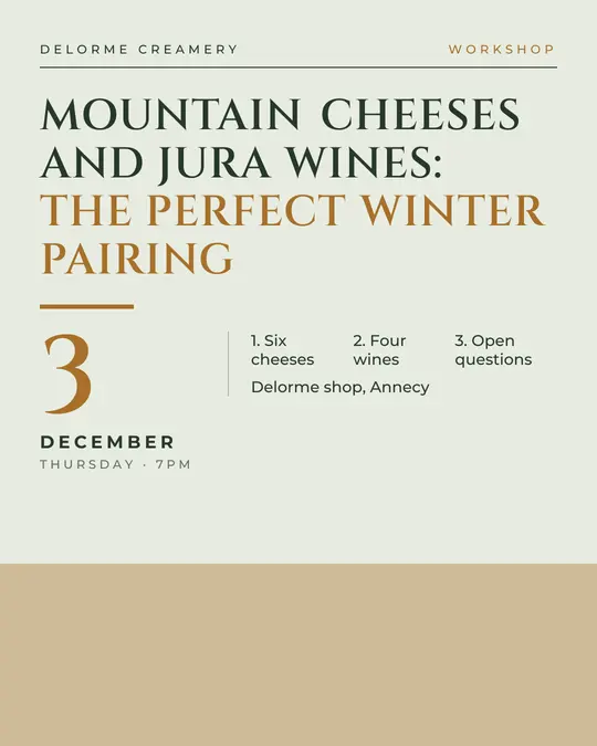 Sample flyer, "Typographic · Sage and ochre" template, Tasting: "Mountain cheeses and Jura wines: the perfect winter pairing"