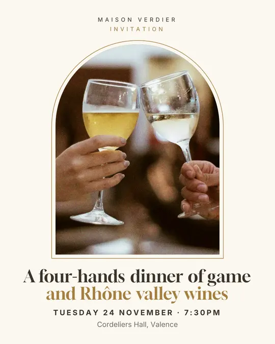 Sample flyer, "Arch · Golden ivory" template, Dinner & reception: "A four-hands dinner of game and Rhône valley wines"