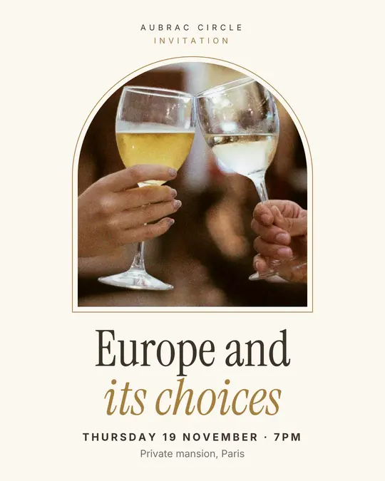 Sample flyer, "Arch · Golden ivory" template, Dinner & reception: "Europe and its choices"