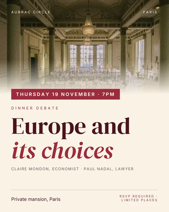 Sample flyer, "Banner · Cream and burgundy" template, Dinner & reception: "Europe and its choices"
