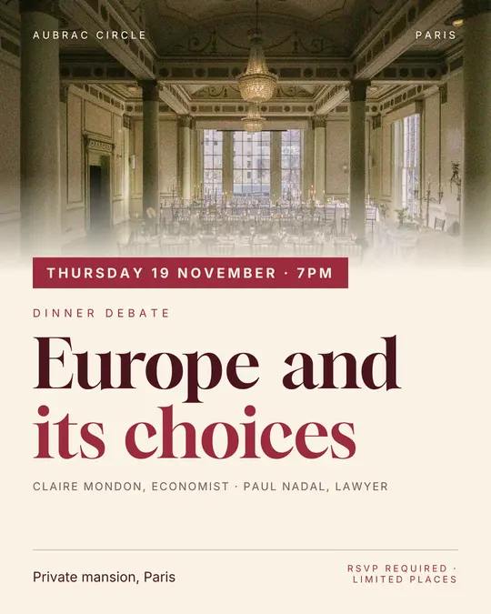 Sample flyer, "Banner · Cream and burgundy" template, Dinner & reception: "Europe and its choices"