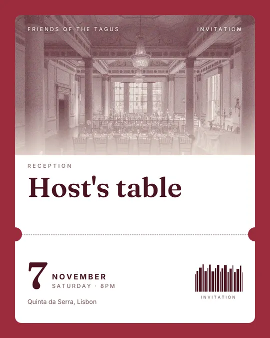 Sample flyer, "Ticket · Cream and burgundy" template, Dinner & reception: "Host's table"