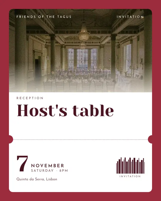 Sample flyer, "Ticket · Cream and burgundy" template, Dinner & reception: "Host's table"