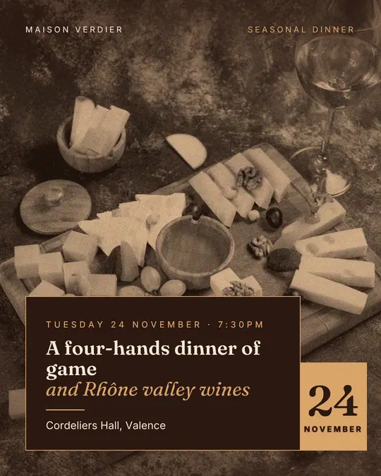 Sample flyer, "Laid card · Chocolate and cream" template, Dinner & reception: "A four-hands dinner of game and Rhône valley wines"