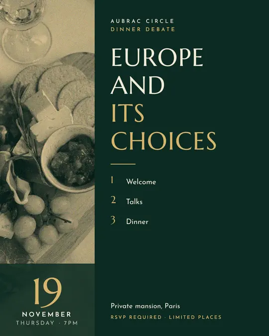 Sample flyer, "Column · Golden emerald" template, Dinner & reception: "Europe and its choices"