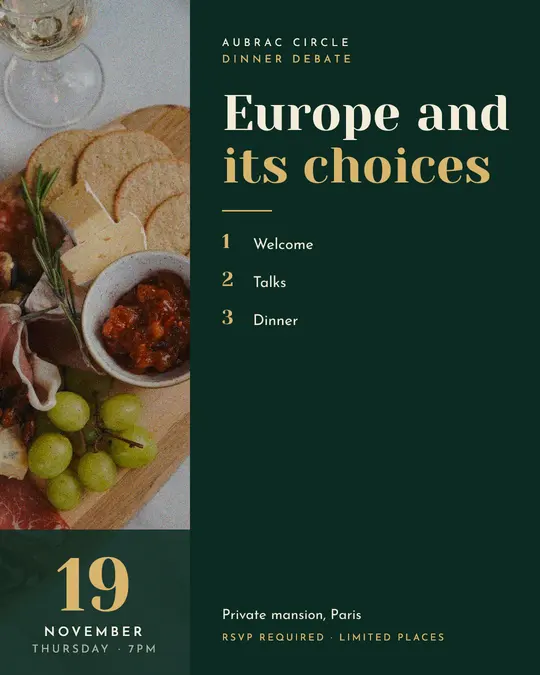 Sample flyer, "Column · Golden emerald" template, Dinner & reception: "Europe and its choices"