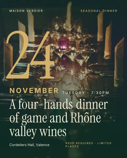 Sample flyer, "Giant date · Golden emerald" template, Dinner & reception: "A four-hands dinner of game and Rhône valley wines"