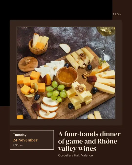 Sample flyer, "Gallery · Chocolate and cream" template, Dinner & reception: "A four-hands dinner of game and Rhône valley wines"