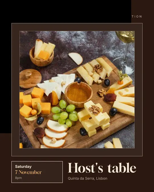 Sample flyer, "Gallery · Chocolate and cream" template, Dinner & reception: "Host's table"