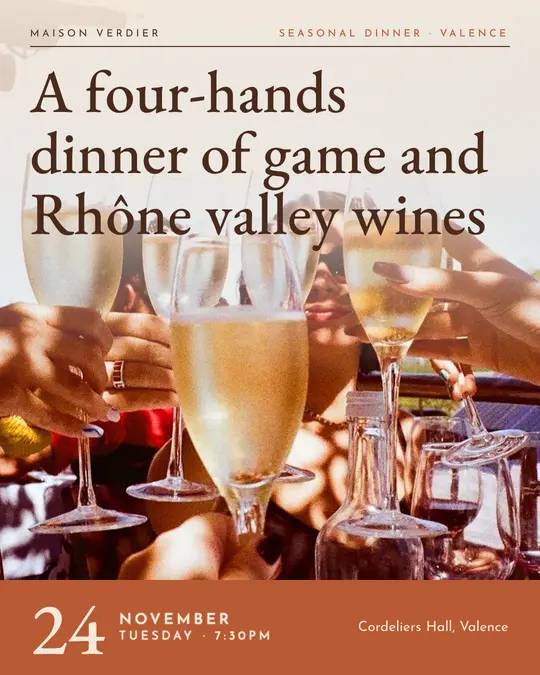 Sample flyer, "Cover · Sand and terracotta" template, Dinner & reception: "A four-hands dinner of game and Rhône valley wines"
