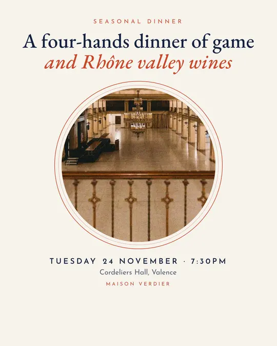 Sample flyer, "Medallion · Paper and navy" template, Dinner & reception: "A four-hands dinner of game and Rhône valley wines"