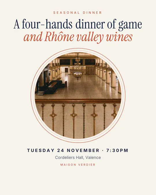 Sample flyer, "Medallion · Paper and navy" template, Dinner & reception: "A four-hands dinner of game and Rhône valley wines"