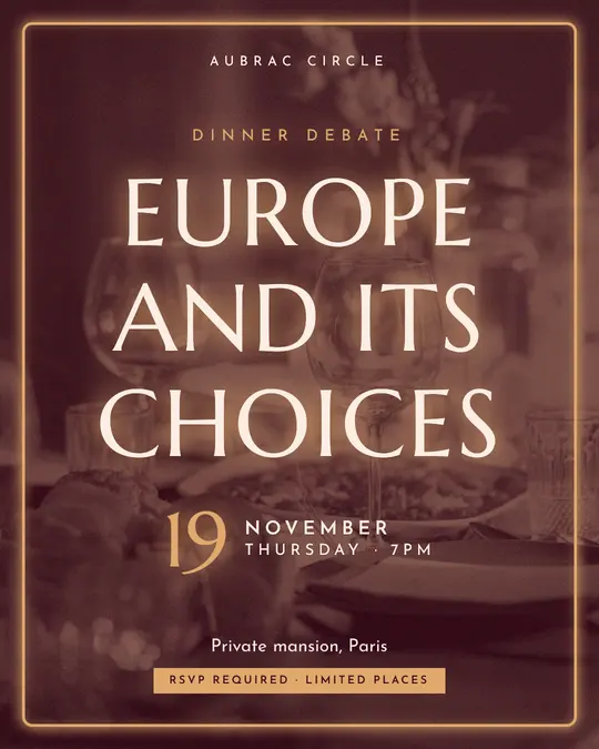 Sample flyer, "Neon · Burgundy and copper" template, Dinner & reception: "Europe and its choices"