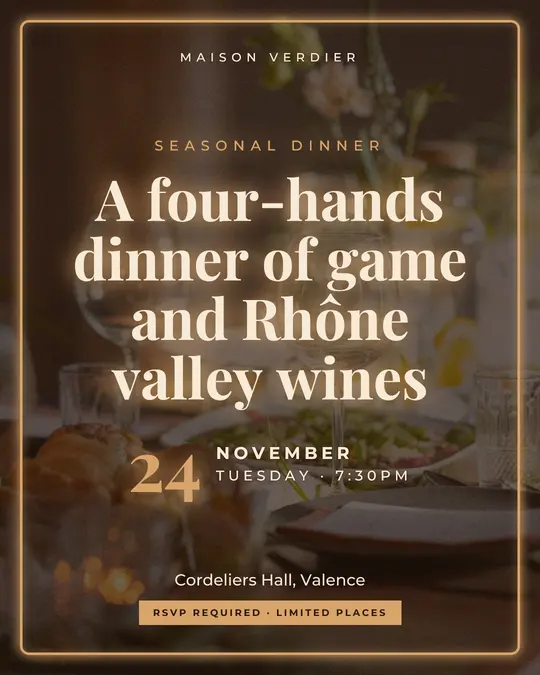 Sample flyer, "Neon · Chocolate and cream" template, Dinner & reception: "A four-hands dinner of game and Rhône valley wines"