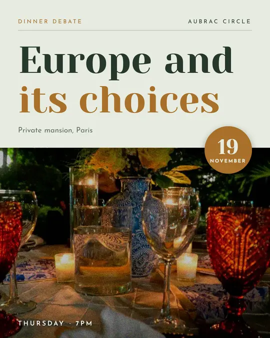 Sample flyer, "Photo foot · Sage and ochre" template, Dinner & reception: "Europe and its choices"