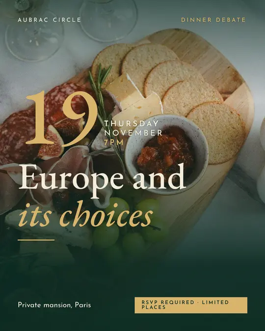 Sample flyer, "Grand poster · Golden emerald" template, Dinner & reception: "Europe and its choices"