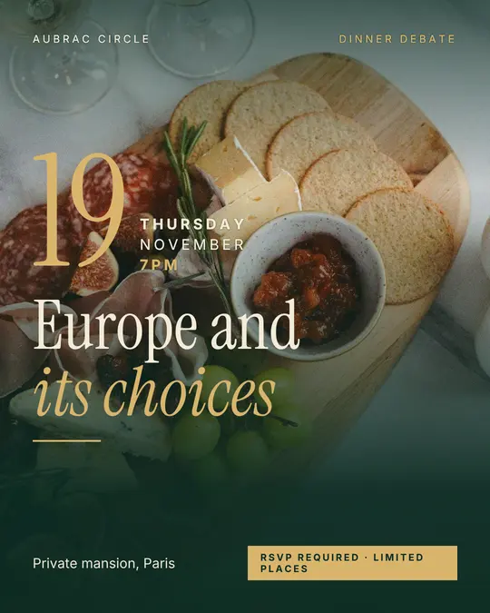 Sample flyer, "Grand poster · Golden emerald" template, Dinner & reception: "Europe and its choices"