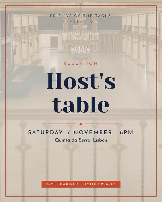 Sample flyer, "Framed card · Paper and navy" template, Dinner & reception: "Host's table"